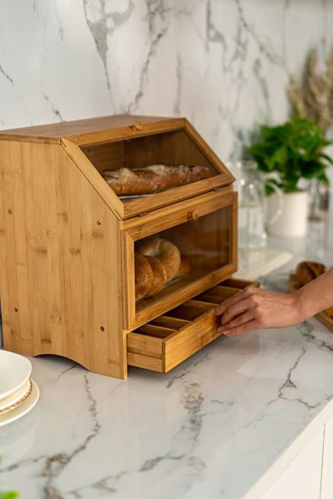 Wooden Bread Box, Chic Living Room Decor, Stackable Bins, Bread Storage, Glass Front Cabinets, Spice Storage, Bread Box, Home Entrance Decor, Small Wood Projects