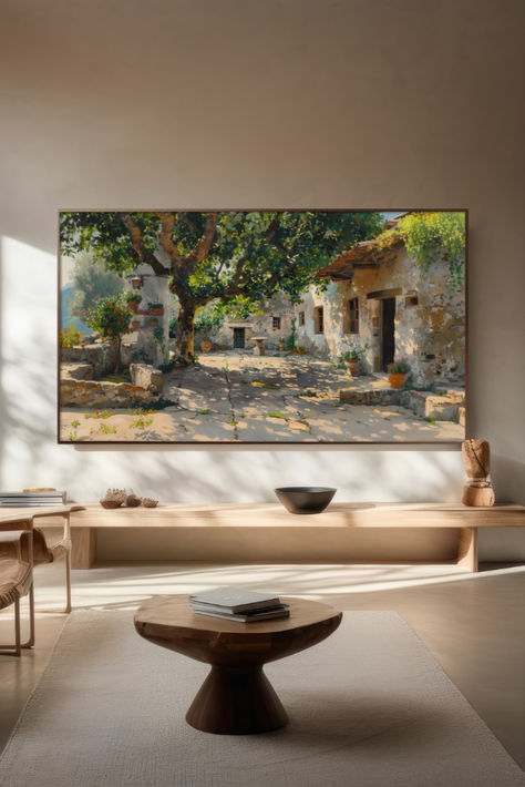 Transform your Samsung Frame TV into a Mediterranean garden oasis with our exquisite TV art painting. This vibrant summer landscape brings the beauty of a lush garden right into your living room, bedroom, or office, creating a serene and captivating atmosphere. Perfect for enhancing your home decor, this art piece turns your TV into a stunning focal point even when it's off. Click to explore more and elevate your space with this beautiful Mediterranean garden art for your Frame TV! #TVArt Samsung Frame Tv Living Room, Mediterranean Art Paintings, Samsung The Frame Tv Living Room, The Frame Samsung Ideas, Summer Frame, Samsung Art Tv, Mediterranean Art, Art For Frame, Samsung The Frame