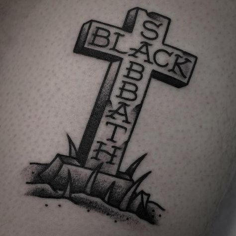 Head Stone Tattoo, Black Sabbath Tattoo, Rock And Roll Tattoo, Ozzy Tattoo, Basic Tattoos, Rock Tattoo, Cross Tattoos, Sick Tattoo, Traditional Tattoo Sleeve