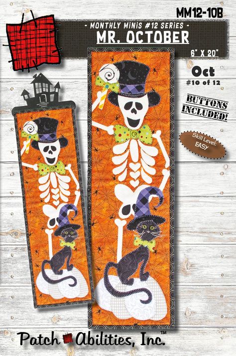 MM12-10 Mr October Mr October, Happy Skeleton, Halloween Lollipop, Halloween Quilt Patterns, Raw Edge Applique, Halloween Quilts, Cute Black Cats, Applique Pattern, Hand Embroidery Stitches