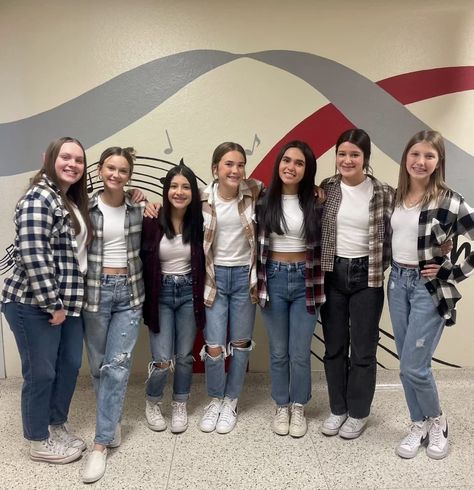 Matching group flannels+Spirt week+matchinggroup+groupoutfits+flannels+cutegroup+phot Flannel Day Spirit Week, Spirit Week, Christmas Spirit, Mom Jeans, Pants, Christmas, Quick Saves, Trousers