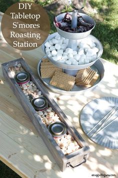 DIY Tabletop S'mores Roasting Station. No need to make a fire for S'mores.This has been a game changer for us! Diy Indoor Smores Station, S’more Station Ideas, Tabletop Smores Fire Pots, Diy Smores Fire Pit, Smores Bar Diy, Outdoor Smores Bar, Table Top Smores, Diy Tabletop Fire Pit, Smores Station