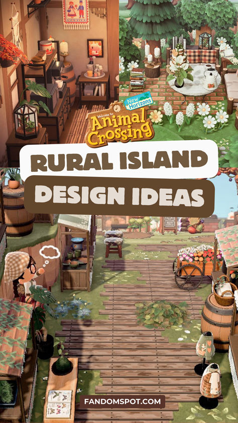 Animal Crossing: New Horizons custom rural island theme designs. Acnh Best Map Layouts, Woodland Animal Crossing Island, Acnh Countryside Theme, Animal Crossing Resort Island, Animal Crossing Mountain Design, Tree Orchard Animal Crossing, Acnh Island Aesthetic Ideas, Acnh Campcore, Animal Crossing Fall Designs