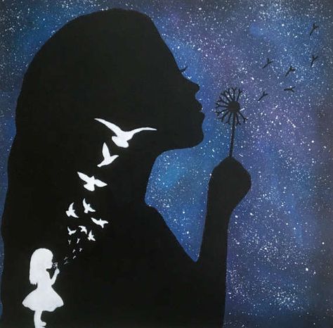 Dandelions Painting, Silhouette Girl, Dandelion Painting, Watercolor Girl, Silhouette Painting, Painting Media, Galaxy Painting, Galaxy Art, Silhouette Art