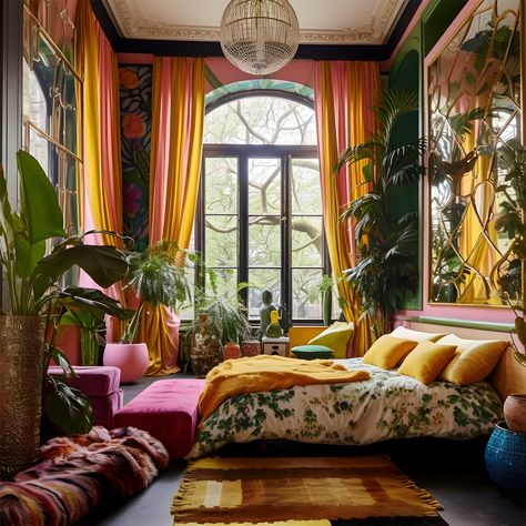 Jungle Maximalist Bedroom, Mcm Maximalist Bedroom, Maximalist Feminine Bedroom, Eclectic Salon Suite Decor, Nature Maximalist Decor, Colorful Maximalist Interior Design, Yellow Maximalist Bedroom, Light Maximalist Bedroom, Maximalist Comforter