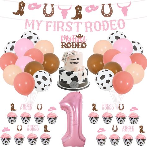 PRICES MAY VARY. Package Includes: 25 latex balloons 12 inches (9 light pink, 4 white, 4 apricot, 4 pink, 4 khaki), 1 pink number 1 foil balloon 32 inches, 24 cupcake toppers, 1 “My First Rodeo” banner, 1 glitter cowgirl garland, 1 “My First Rodeo” cake topper, 2 white ribbons 32.8 ft. Cowgirl Party Decorations: If you want to have a western cowgirl-themed party for your one-year-old daughter, these pink cowgirl rodeo birthday supplies are a great choice! The cowgirl flag and My First Rodeo cake Rodeo Birthday Decorations, Farm Theme First Birthday, Cowgirl Birthday Cakes, Cowgirl Party Decorations, First Rodeo Birthday, Rodeo Birthday Parties, 1st Birthday Balloons, Rodeo Party, My First Rodeo