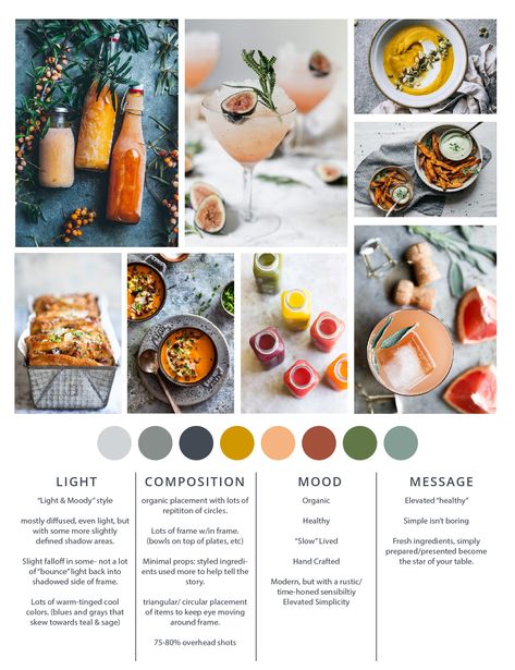 Food Photography Mood Board, Moodboard Food Mood Boards, Food Blog Color Palette, Food Moodboard Aesthetic, Personal Chef Branding, Food Blog Branding, Mood Board Photography, Healthy Mood Board, Food Color Palette Brand Identity