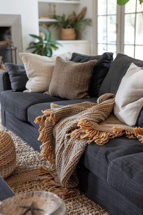 29 Dark Grey Couch Living Room Ideas for Sophisticated Style 29 Living Room Designs Gray Sectional, Living Room Inspiration Dark Gray Couch, Decorating With Dark Grey Couch, Dark Gray Couch Styling, Dark Grey Couches Living Room Ideas, Cozy Living Room Dark Couch, Cozy Living Rooms Dark Couch, Colorful Living Room Grey Couch, Farmhouse Living Room Dark Couch