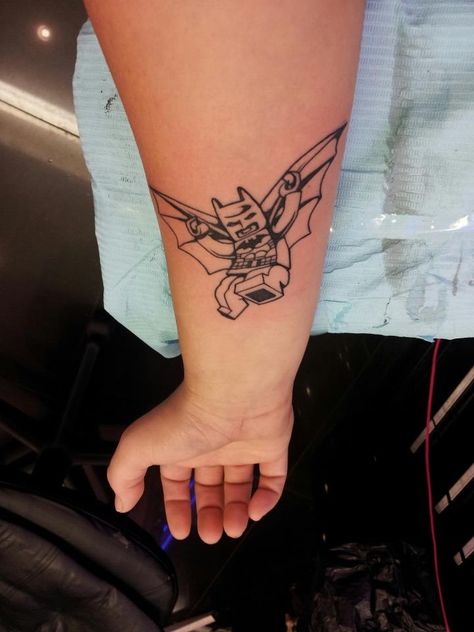 Lego Batman Tattoo Lego Batman Tattoo, Lego Tattoo, Comic Book Tattoo, Nerdy Tattoos, Zelda Tattoo, Batman Tattoo, I'm Batman, Bat Tattoo, Sibling Tattoos