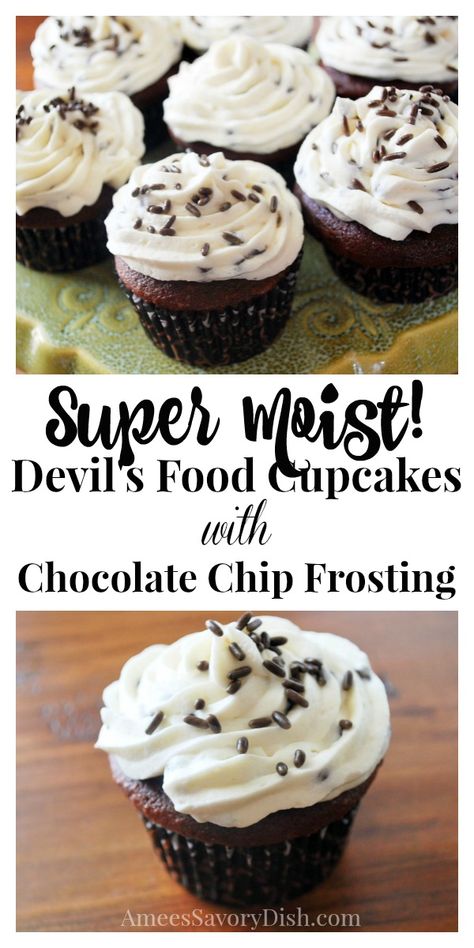 A simple recipe from scratch for super Moist Devil's Food Cupcakes with a rich and delicious buttercream chocolate chip frosting. #chocolatecupcakes #chocolatechipfrosting #cupcakes Devils Food Cake Cupcakes Recipes, Devils Food Cake Cupcakes, Devils Food Cake Cupcake, Chocolate Chip Buttercream Frosting, Devils Food Cupcakes Moist, Frosting For Devils Food Cake, Avery Cooks, Devils Food Cupcake, Chocolate Chocolate Chip Cupcakes