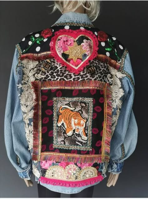 This is vintage levis denim jacket which I have customised using lots of different fabrics appliques and trim lots of them were recycled from other garments. This jacket is a real eye catching piece and is a complete one off unique piece of wearable art no one else in the world will have the same jacket as you so you can be completely unique in your styling. Please message me with any questions and I will be happy to answer. Custom Denim Jacket Paint, Quirky Fashion Vintage, Patched Jacket, Jean Jacket Diy, Customised Clothes, Style Ibiza, Vintage Levis Jacket, Customised Denim Jacket, Jacket Diy