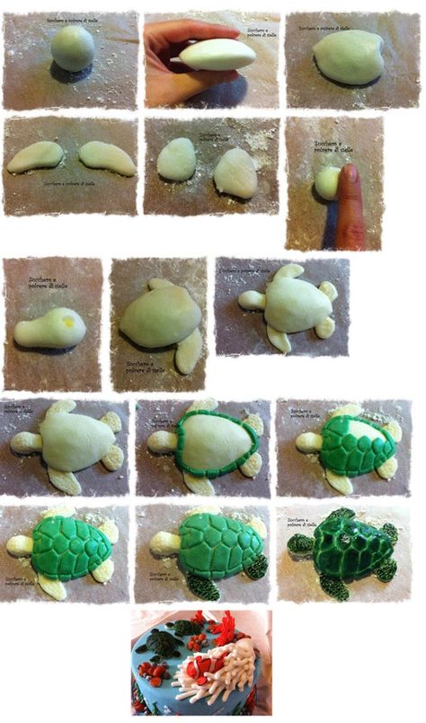 Polymer Clay Kunst, Clay Turtle, Turtle Cake, Fondant Animals, ดินปั้น Polymer Clay, Fondant Tutorial, Polymer Clay Animals, Fondant Figures, Clay Figurine