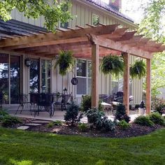 Deck On The Side Of The House, Pergola Over Sliding Glass Door, Raised Bed Garden With Trellis, Patio Knee Wall Ideas, Small Patio Pergola, Pergola Off Of House, Simple Backyard Patio Designs, Patio Landscaping Ideas, Outdoor Patio Inspiration