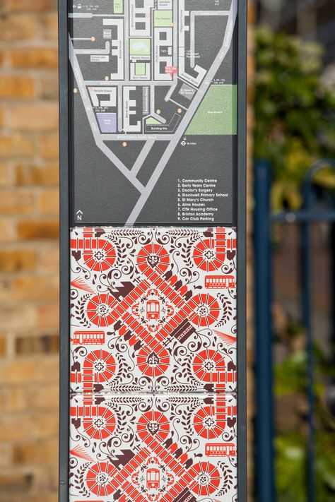 Tiled wayfinding for a London estate, by Hat-Trick Design | Design Week Community Signage, Suzhou River, Map Signage, Orange Squares, Interpretive Signage, Museum Branding, Park Signage, Wayfinding Signage Design, Wayfinding Signs