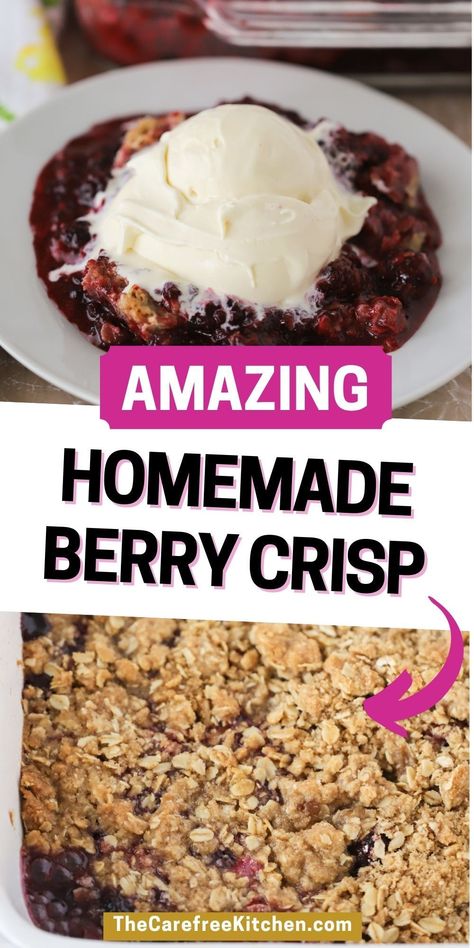 This easy Berry Crisp recipe is a summer favorite that takes just a few minutes to throw together. It’s got a juicy berry filling topped with a buttery oat crumble that pairs perfectly with a big scoop of vanilla ice cream. Berry Crisp Recipe Crumble Topping, Mixed Berry Crisp Recipe Frozen Fruit, Crisp Recipes Easy, Berry Desserts Easy, Marionberry Crisp, Berry Crisp With Frozen Berries, Easy Berry Crisp, Mixed Berry Crisp Recipe, Fruit Crisp Topping