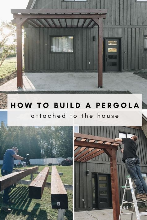 Pergola Off Side Of House, How To Build A Pergola With Roof, How To Attach A Pergola To A House, Pergola Lean To House, Pergola Attached To Brick House, Pergola Detached From House, Pergola Patio Front Of House, Craftsman Pergola Ideas, Rustic Pergola Attached To House