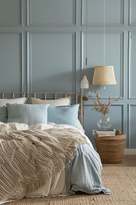 Blue Panel Wall, Light Blue Bedroom Ideas, French Blue Bedroom, Pale Blue Bedrooms, Duck Egg Blue Bedroom, Light Airy Bedroom, Blue And Cream Bedroom, Light Blue Rooms, Blue Girls Rooms