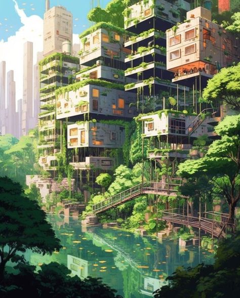 Overgrown Cyberpunk City, Bio Punk City, Over Grown City, Overgrown Cyberpunk, Overgrown City Aesthetic, Solar Punk Minecraft, Solar Punk Art, Nature City Aesthetic, Solar Punk City