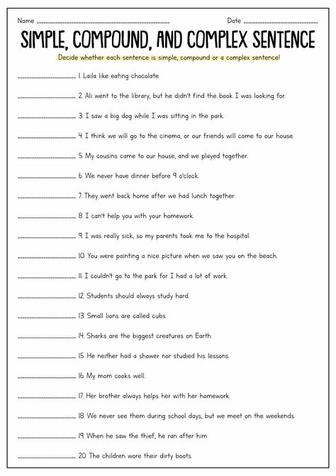 English Worksheets High School, Sentence Types Worksheets, Simple Sentence Worksheet, Simple Compound And Complex Sentences Worksheet, Types Of Sentences Worksheet Grade 5, Simple And Compound Sentences Worksheets, 7th Grade English Worksheets, Compound And Complex Sentences Worksheet, Complex And Compound Sentences