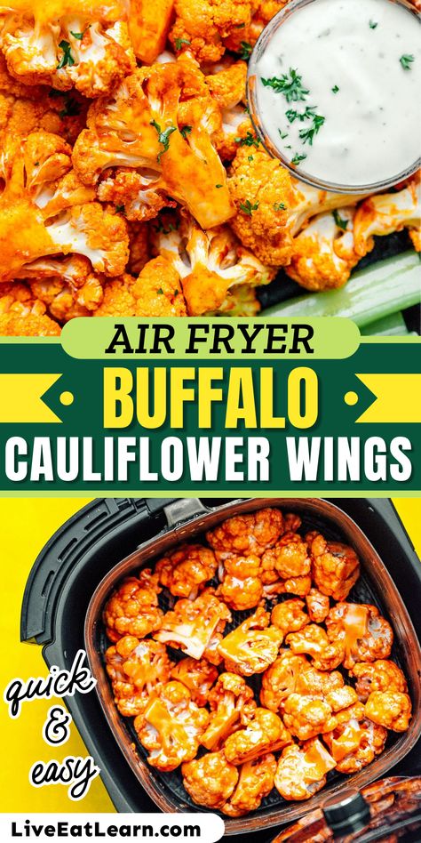 Photo of the finished air fryer buffalo cauliflower wings with the text 'quick and easy' Optavia Hacks, Air Fryer Cauliflower, Buffalo Cauliflower Recipes, Vegetarian Chili Easy, Baked Buffalo Cauliflower, Vegetarian Appetizer, Cauliflower Buffalo Wings, Buffalo Cauliflower Bites, Keto Eating