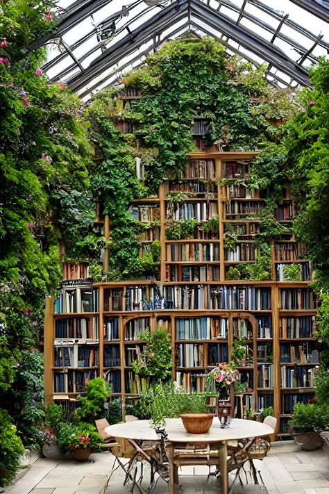 Greenhouse Bookstore, Plants In Library, Greenhouse Library, Magical Bookstore, Modern Victorian Interiors, Greenhouse Restaurant, Practical Magic House, Greenhouse Cafe, Plant Library