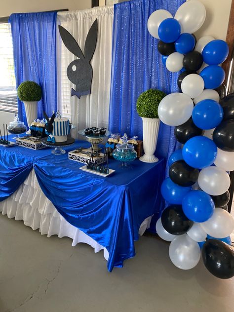 Royal blue, white and black playboy party Blue Black And White Party Decorations, Playboy Bunny Birthday Party Ideas Decorations, Black And Blue Party Theme, Black And Blue Birthday Theme, Playboy Bunny Theme Party Birthdays, Blue And Black Birthday Decor, Playboy Bunny Birthday Party Ideas, Playboy Party Decorations Ideas, Playboy Bunny Party Theme