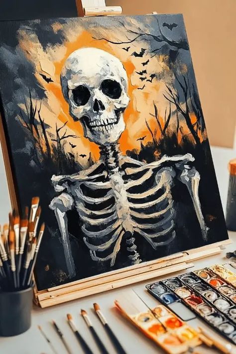 Art And Craft Ideas Halloween, Halloween Paintings Acrylic, Skull Painting Ideas On Canvas, Unique Art Pieces, Skeleton Painting Acrylic, Art Inspiration Painting Acrylics, Canvas Paintings Ideas, Unique Painting Ideas On Canvas, Halloween Skeleton Drawing