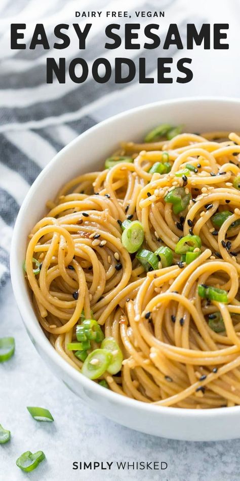 This easy sesame noodles recipe is flavored with garlic and ginger and can be served cold or warm. Top with black sesame seeds and green onion. They would be great served with chicken or with veggies for a full meal. #sesame #noodles Asian Cold Noodles, Easy Sesame Noodles, Simple Sesame Noodles, Ginger Noodles, Easy Noodles, Sesame Noodles Recipe, Lao Food, Man Recipes, Vegan Noodles