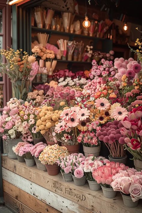 The image shows a flower shop with a variety of flowers in pots and vases. The flowers are mostly pink, white, and yellow, with some green and purple flowers as well ->> more details in ai-img-gen.com Shelves With Flowers, Flower Trailer Ideas, Own Shop Aesthetic, Flower Business Ideas, Flower Shop Signs, Lily Bloom Flower Shop, Flowers Shop Aesthetic, Floral Shop Aesthetic, Flower Market Photography