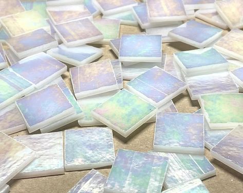 Iridescent bathroom tile | Etsy Iridescent Decor, Mosaic Glass Art, Iridescent Tile, White Bathroom Tiles, Iridescent White, White Stain, Glass Tiles, Mosaic Projects, Glass Mosaic Tiles