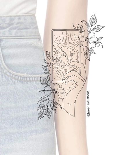 Tarot card tattoo floral tattoo hand tattoo floral design by @breehaastattoos feminine tattoo line work tattoo Tattoo Floral Design, Tattoo Line Work, Tarot Card Tattoo, Tarot Tattoo, Card Tattoo Designs, Tattoo Floral, Tattoo Line, Work Tattoo, Theme Tattoo