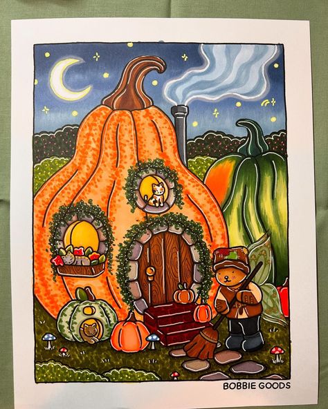 sydney 🌷 | fairy pumpkin house 🧚🏻🌿🧡 @bobbiegoodsart #bobbiegoods #bobbiegoodsart #ohuhumarkers #gellyrollpens #fall #fairy #explore… | Instagram Bobbie Goods Fall Coloring Pages, Finished Coloring Pages Ideas, Completed Coloring Pages, Coloring Pages Finished, Bobbie Goods Fall, Bobbie Goods Finished Pages, Pumpkin House Drawing, Creative Haven Coloring Books Finished, Bobbie Goods Coloring Pages Completed