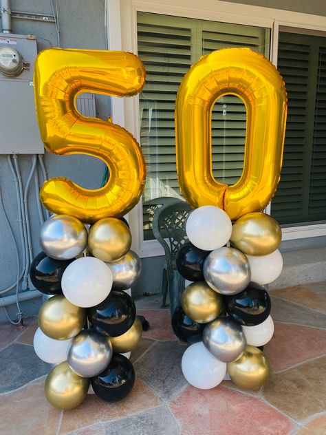 Balloon columns 
50th birthday 50th Balloon Decorations Men, Balloon Decor For Anniversary, 50th Birthday Balloon Columns, 50 Balloon Arch, 50th Birthday Balloons For Men, 40 Birthday Balloon Ideas, 50 Balloons Number, 50th Balloon Arch, 50th Birthday Color Scheme