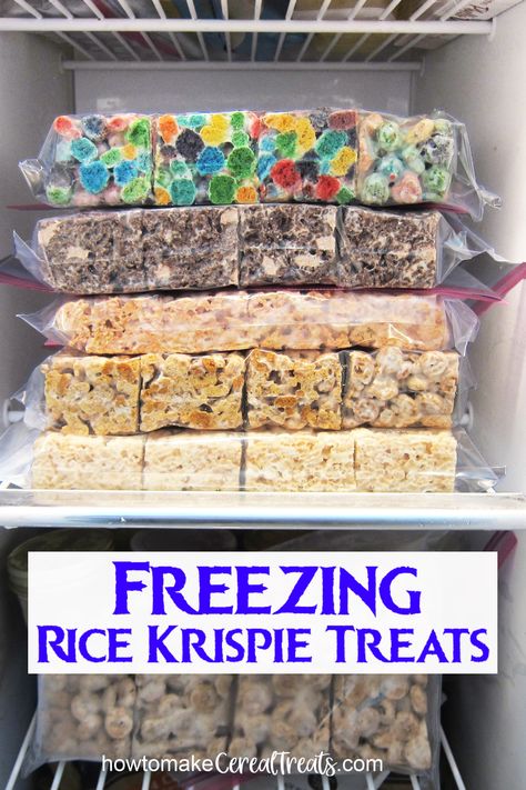 A variety of Rice Krispie Treats and cereal treats packed in Ziploc bags in the freezer.