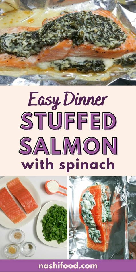 Baked Stuffed Salmon, Salmon With Cream Cheese, Cream Cheese And Spinach, Salmon In Air Fryer, Salmon Pinwheels, Cream Cheese Spinach, Spinach Stuffed Shells, Stuffed Salmon, Salmon Cream Cheese