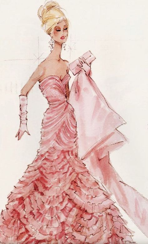 Gown Sketch, Robert Best, Vintage Fashion Sketches, Barbie Fashion Sketches, Draped Gown, Barbie Drawing, Fashion Sketches Dresses, Sketches Dresses, Dress Sketches