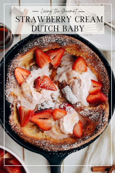 Served with dollops of fresh strawberry cream, warm cinnamon and vanilla, and maple syrup this is the ultimate treat for breakfast, brunch, and dare we say, even dessert. Strawberry Dutch Baby, Strawberry Pancakes Recipe, Dutch Baby Pancake Recipe, Dutch Babies, Mouthwatering Desserts, Breakfast Baking, Dutch Baby Recipe, Baby Recipe, College Food