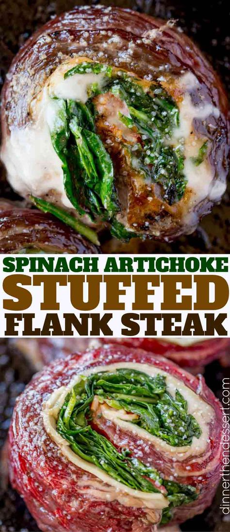 Spinach Artichoke Stuffed Flank Steak is a show stopping dish with provolone, spinach and artichokes that is dinner party ready in half an hour. Flak Steak Recipes, Stuffed Flank Steak Recipes, Stuffed Skirt Steak, Baked Stuffed Flank Steak, Fajita Roll Ups, Stuffed Flank Steak, Artichoke Stuffed, Seared Salmon Recipes, Skirt Steak Recipes