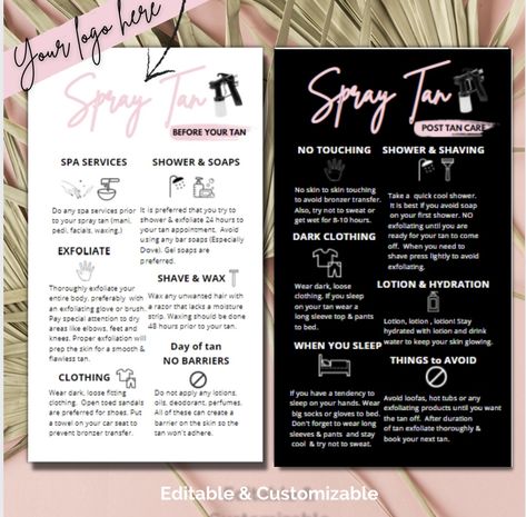 Spray tan instructions pre and post tanning Small Spray Tan Room Ideas, Spray Tan Supplies, Mobile Spray Tanning Business, Tanning Salon Decor, Spray Tan Room, Spray Tan Tips, Spray Tan Salons, Tan Instagram, Airbrush Spray Tan