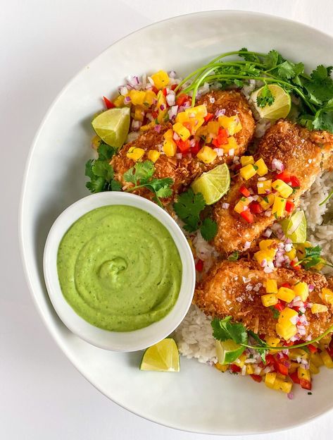 Crusted White Fish, Coconut Fish, White Fish Recipes, Creamy Avocado Sauce, Avocado Sauce, Pineapple Salsa, Fish Dinner, White Fish, Coconut Rice