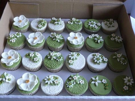 Wedding cupcakes - ivory and olive green Sage Green Themed Sweet 16, Cottage Theme Birthday Party, Tiana Desserts, Sweet 16 Decorations Sage Green, Quinceanera Themes Sage Green, Enchanted Forest Quinceanera Dresses Green, Forest Sweet 16 Ideas, Green Sweets Table, Cottage Core Sweet 16 Theme