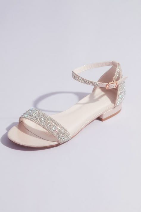 A seriously sparkly pair, these flat ankle-strap sandals are encrusted with dazzling crystals. By DeBlossom Collection Synthetic Adjustable buckle Imported Bridesmaid Shoes Flat, Flat Prom Shoes, Bridal Flat Sandals, Light Pink Shoes, Bride Sandals, Bridesmaids Heels, Bridesmaid Look, Fashion Sandals Flat, Fancy Sandals