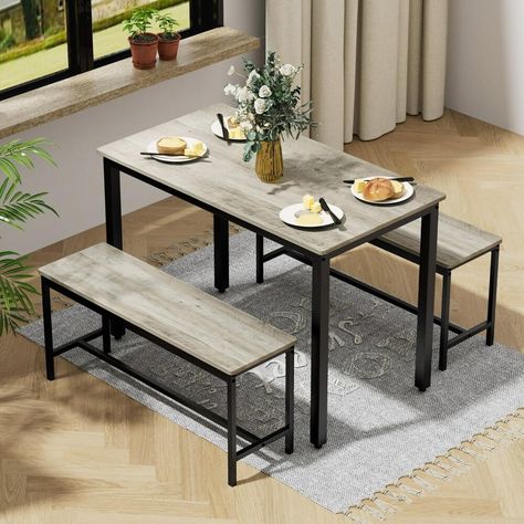 Wood Optimally Sized for Versatile Use: This dining table set measures 43.3 inches in length, 23.6 inches in width, and 29.9 inches in height, perfectly sized to comfortably seat up to 4 people. The compact design makes it an ideal breakfast table for smaller dining areas or kitchens, enhancing its functionality in various home settings. Engineered for Style and Durability: Crafted from high-quality engineered wood with a melamine veneer, this kitchen & dining room set combines aesthetic appeal with structural integrity. The materials are chosen for their robustness and ease of maintenance, ensuring the set remains a centerpiece in your dining space for years. Small Kitchen Table Sets, Wood Kitchen Table, Breakfast Nook Table, Wooden Kitchen Table, Small Kitchen Tables, Kitchen Table Wood, Hardwood Table, Grey Dining Room, Dining Furniture Sets