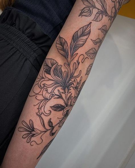 Honey Suckle Tattoo Sleeve, Tattoo Inspo Sleeve, Honeysuckle And Daisy Tattoo, Honeysuckle And Thistle Tattoo, Honeysuckle Wrap Around Tattoo, Crysthanamum Flowers Tattoo, Honeysuckle Tattoo Black And White, Honeysuckle Arm Tattoo, Elbow Moving Tattoo