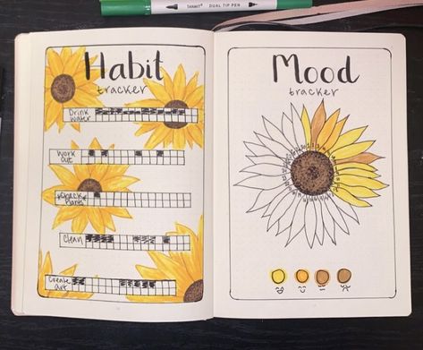 Sunflower Habit Tracker, August Habit Tracker Bullet Journal, Sunflower Bujo Theme, Sunflower Bullet Journal Theme, Bujo Sunflower Theme, Sunflower Journal Ideas, August Bullet Journal Mood Tracker, Sunflower Mood Tracker, Flower Habit Tracker