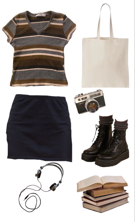 downtown girl aesthetic gilmore girls outfits gilmore girls aesthetic gilmore girls outfits gilmore girls fall aesthetic gilmore girls fall rory brown blue 90s doc martens miniskirt tote bag headphones books Early 2000s Fashion Rory Gilmore, Gilmore Girls Fits Aesthetic, 90s Fashion Mini Skirt, 90s Cool Girl Aesthetic Outfits, Rory Gilmore Png Clothes, Fall Aesthetic Wardrobe, Rory Outfits Summer, Rory Gilmore Fashion Aesthetic, Rory Gilmore Doc Martens