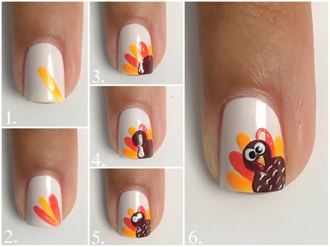 Turkey French Tip Nails, Turkey Nail Art Step By Step, Nails With Turkeys, Thanksgiving Nail Ideas Turkey, Turkey Nails Holiday, Turkey Gel Nails, Basic Thanksgiving Nails, Kids Thanksgiving Nails, Turkey Nail Ideas