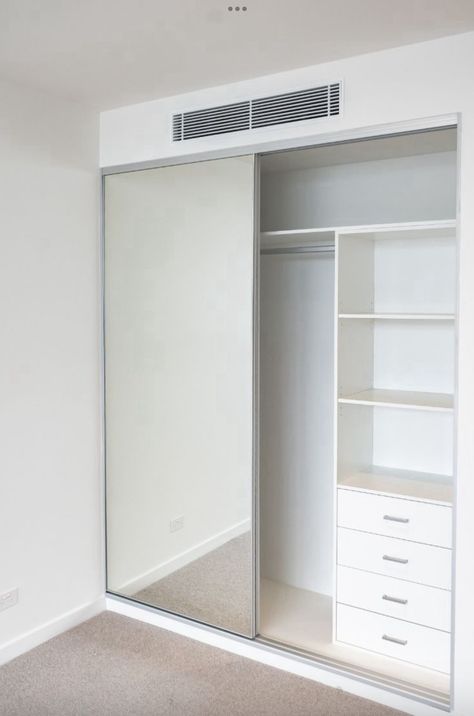 House Wardrobe Design, Small Closet With Sliding Doors, Small Wardrobe With Sliding Doors, Wardrobe Design Mirror Door, Custom Wardrobe Design, Minimalistic Wardrobe Design, Small Wardrobe With Mirror, Closet Doors Aesthetic, Small Room With Wardrobe