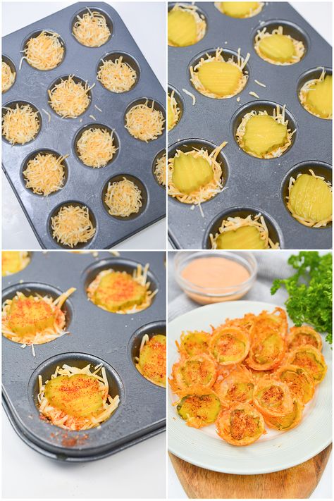 Keto Pickle Chips in Cheese Muffin Pan Recipe, Quick 15 min 2 ingredients, 3 seasonings, fried pickle alternative. #keto #lowcarb #ketorecipes #easyketo #quickketo #ketosnacks #lowcarb #friedpickles #cheese #cheesypickles #muffintinrecipes #muffinpanrecipes #ketoappetizers Keto Pickle Chips, Fried Pickle Chips, Chip Alternative, Baked Pickles, Muffin Pan Recipes, Cheese Muffin, Fried Pickles Recipe, Easy Low Carb Snacks, Pan Recipe