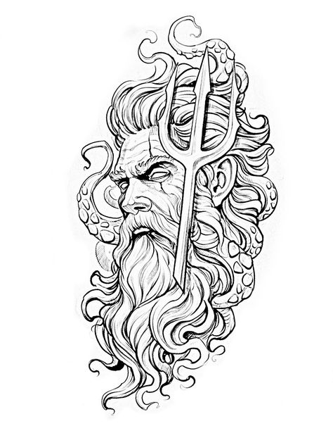 #CoolTattoos #TattooArt #InkMaster #TattooDesigns #InkedUp #TattooLovers #InkInspiration #TattooIdeas #CreativeInk #TattooStyle Poseidon Drawing Art, Poseidon Tattoo Stencil, Posiden Tattoo Design, Greek Drawings Mythology, Greek Mythology Drawings, Greek Mythology Tattoo Ideas, Poseidon Tattoos, Poseidon Drawing, Simple Greek Mythology Tattoos